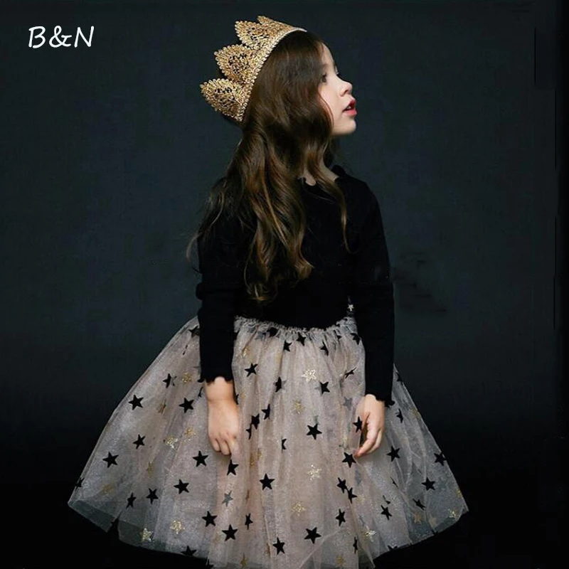 

Buenos Ninos Baby Girls Fashion Stars Knee-Length Ball Gown Dress O-neck Long Sleeve Fluffy Party Dresses For Kids Clothing