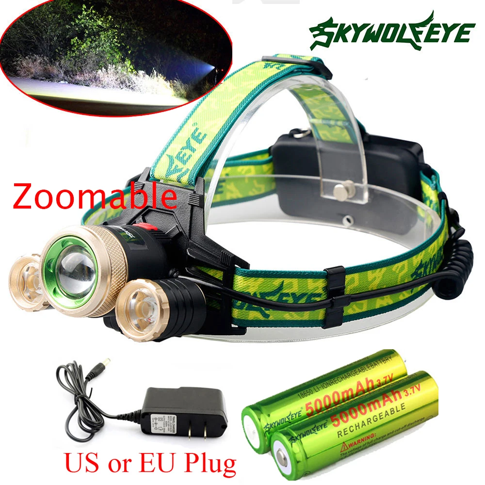High Power Zoom 3 LED Bulbs T6 + 2*Q5 Headlight 4 Modes 9000LM LED Headlamp Flashlight+2x 18650 battery +AC US/EU Charger
High Power Zoom 3 LED Bulbs T6 + 2*Q5 Headlight 4 Modes 9000LM LED Headlamp Flashlight+2x 18650 battery +AC US/EU Charger