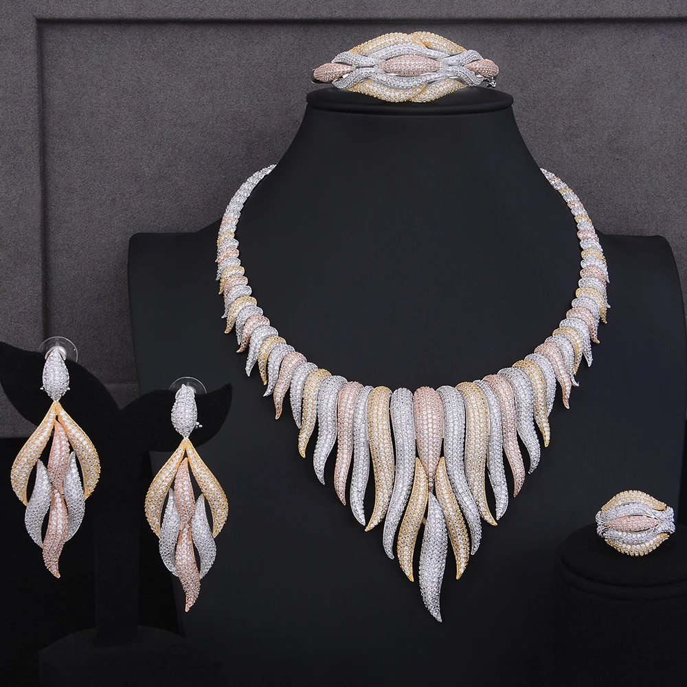 4PCS Delicate Pillar Cluster Nigerian Wedding Jewelry Sets Cubic Zirzonia Collar Necklace Earrings Bracelet Ring Jewelry Set
4PCS Delicate Pillar Cluster Nigerian Wedding Jewelry Sets Cubic Zirzonia Collar Necklace Earrings Bracelet Ring Jewelry Set