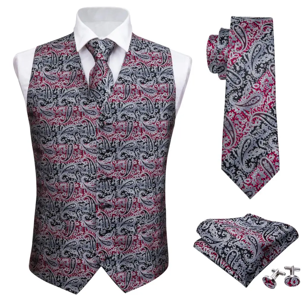 Barry.Wang Men Fahsion Red Paisley Jacquard Woven Black Folral 100% Silk Waistcoat Vest Handkerchief Tie Vest Suit Cufflinks Set
Barry.Wang Men Fahsion Red Paisley Jacquard Woven Black Folral 100% Silk Waistcoat Vest Handkerchief Tie Vest Suit Cufflinks Set