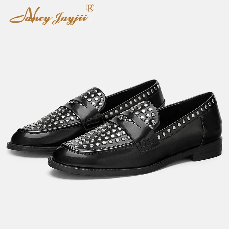 

Nancyjayjii черные панк из искусственной кожи с заклепками лодочка для женщин на плоской подошве 2022 весенняя обувь без шнуровки с круглым носком ...