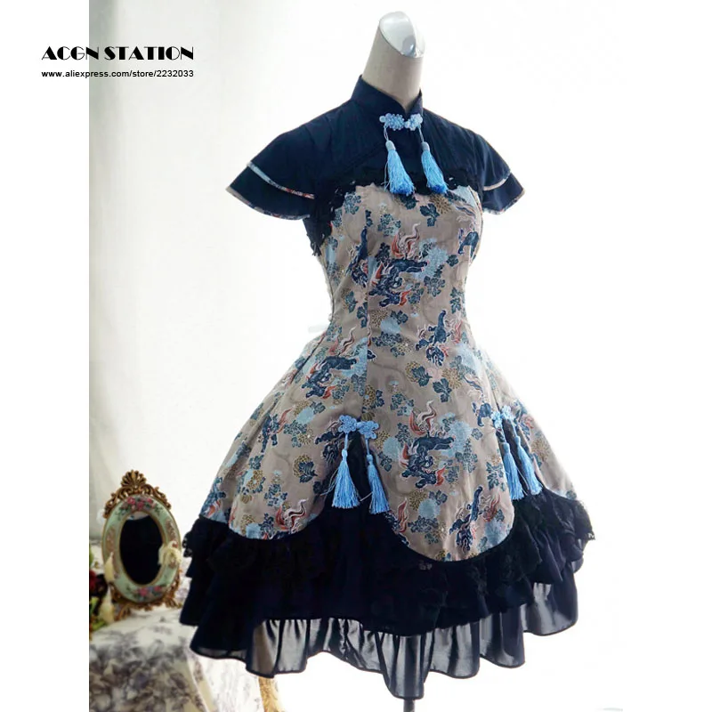 New Fashion Dark Blue Grey Cotton Qi Lolita One-piece Dress Kylin Print Lace Up Chiffon Trim
New Fashion Dark Blue Grey Cotton Qi Lolita One-piece Dress Kylin Print Lace Up Chiffon Trim