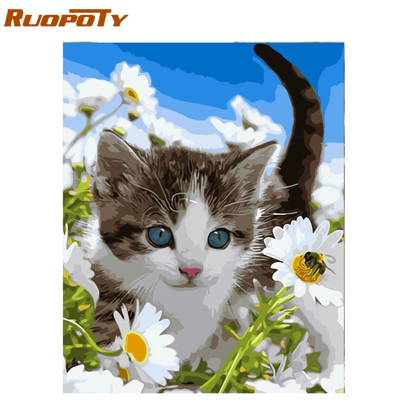 RUOPOTY diy картина из цветов и кошек по номерам Современная Настенная с животными
