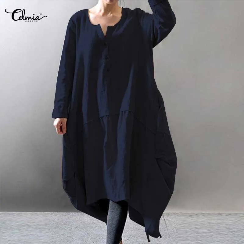 L-5XL Celmia негабаритных Для женщин Повседневное Ассиметричное платье 2018 осень