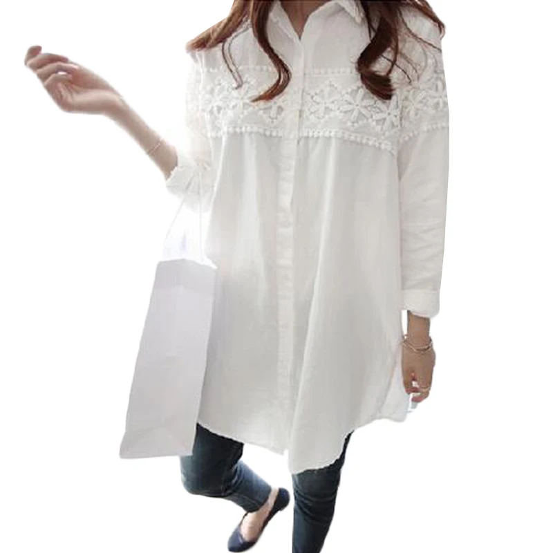 Женская блузка с длинным рукавом осенняя белая кружевная 2017 4XL повседневные