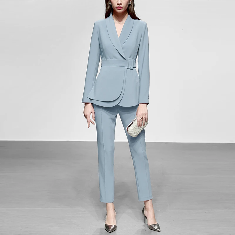 Runway Designer 2019 Spring 2 Piece Set Women Elegant Turn Down Collar Slim blue Blazers Coat + Ankle Length Pencil Pants Suits | Женская