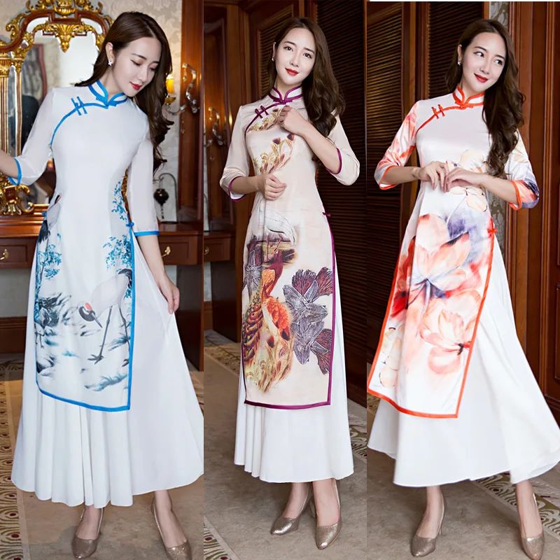 Spring Autumn Vietnamese style Ao Dai loose dress graceful stand collar elegant Women Chinese Traditional Dress folk style Wear
Spring Autumn Vietnamese style Ao Dai loose dress graceful stand collar elegant Women Chinese Traditional Dress folk style Wear