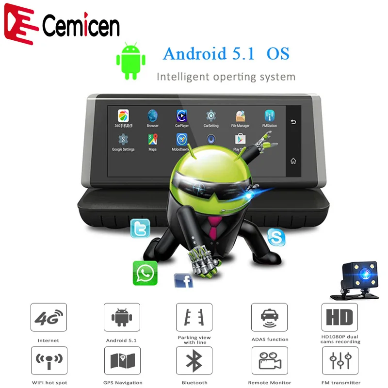 Автомобильный видеорегистратор Cemicen 8 дюймов 4G Wi Fi Android 5 1 HD 1080P заднего вида с
