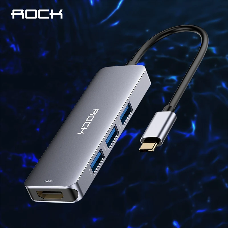 Док кабель ROCK для ноутбука USB Type C HDMI Macbook TV 4K 3 порта 0 портативный зарядный адаптер