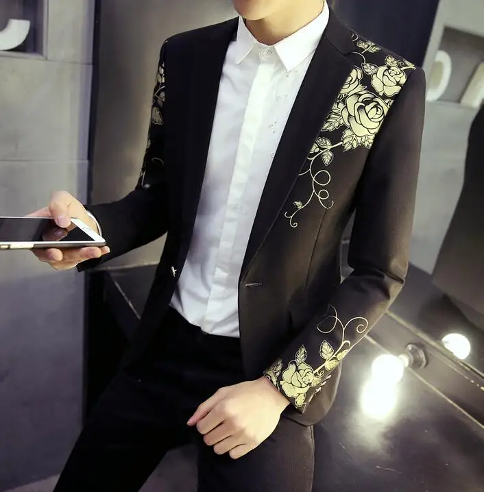 Floral pattern mens printing suits color youth korean hair stylist men small suit jacket british jaqueta masculina black M - 2XL
Floral pattern mens printing suits color youth korean hair stylist men small suit jacket british jaqueta masculina black M - 2XL