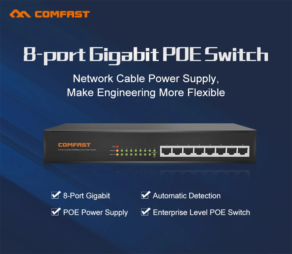 COMFAST 8 Порты коммутатор gigabit POE сетевой с 16 Гбит/с широкими Ширина 8*10/100/1000 Мбит/с