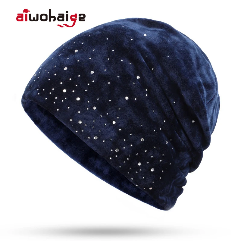 2019 Fashion Diamond Decorative Beanies Hat Velvet Winter Ladies Woman Warm Skullies Soft Cap Slouchy Female Rhinestone Bone | Аксессуары