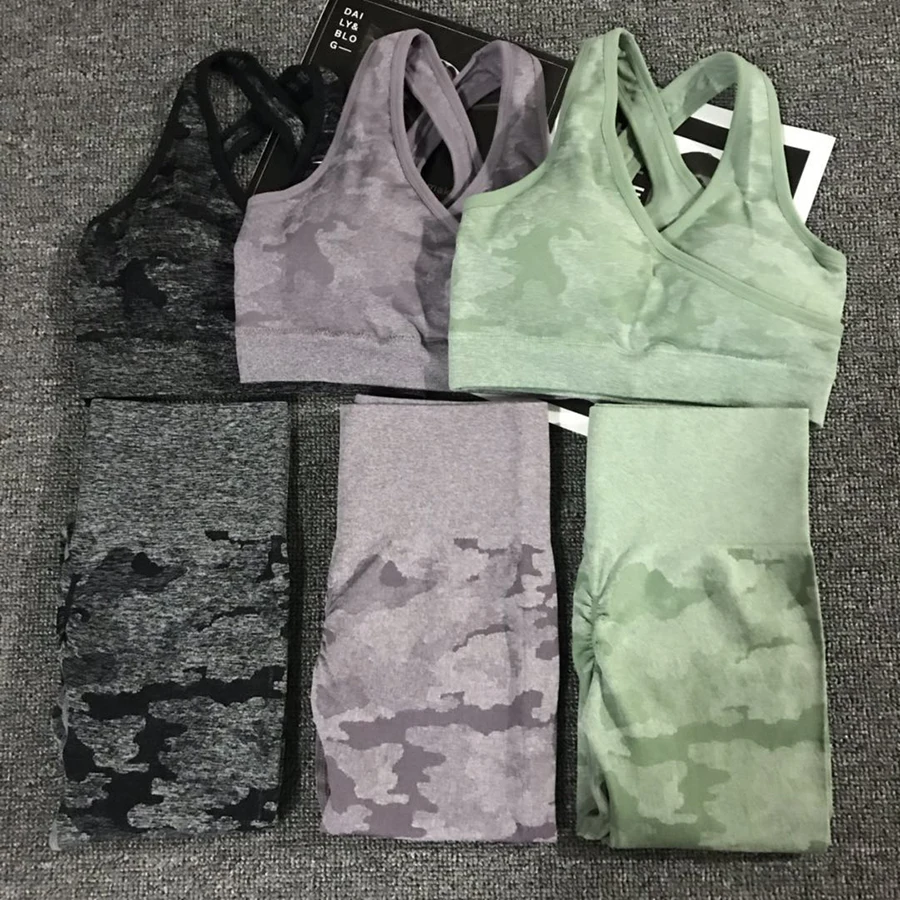 

Camo Seamless Yoga Set Women Fitness Clothing Booty Yoga Leggings+High Impact Sport Bra 2 Pcs Sports Suits Women Gym Tracksuit