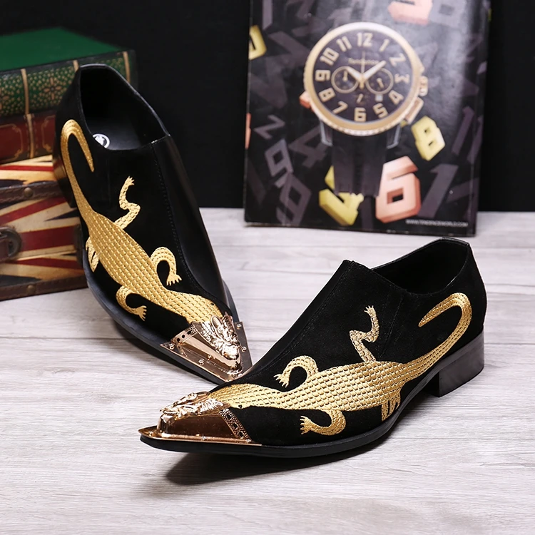 Formal Business Shoes for men Embroidery Gold Metal pointed toe Flat Heel Slip on Wedding Shoes Big Size Euro 46 Genuine Leather
Formal Business Shoes for men Embroidery Gold Metal pointed toe Flat Heel Slip on Wedding Shoes Big Size Euro 46 Genuine Leather