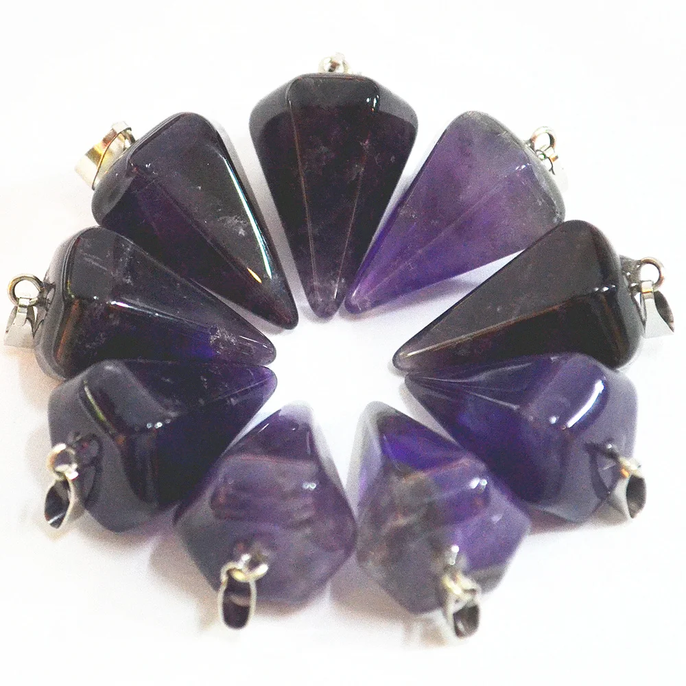 

Fashion Natural Purple Crystal Stone Hexagon Pyramis Pendant Pendulum Charms For Jewelry Making 12PCS Wholesale Free Shipping