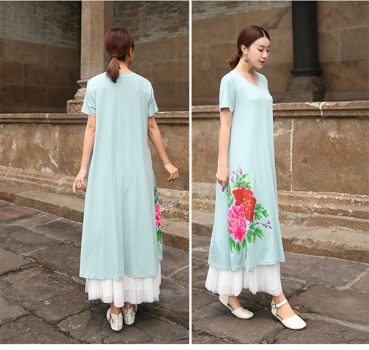 Summer Long Dress Women Loose Hand-painted Chinese style peony painted V neck short sleeve elegant longos vestidos plus size 5XL
Summer Long Dress Women Loose Hand-painted Chinese style peony painted V neck short sleeve elegant longos vestidos plus size 5XL
