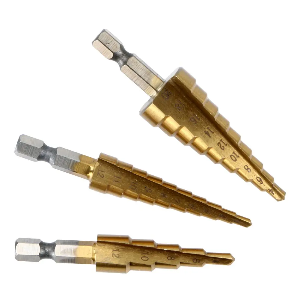 3pcs HSS Metric Titanium Coated Step Drill Bit Set 3-12mm 4-12mm 4-20mm Woodworking Wood Metal Drilling Cutting Tools With bag
3pcs HSS Metric Titanium Coated Step Drill Bit Set 3-12mm 4-12mm 4-20mm Woodworking Wood Metal Drilling Cutting Tools With bag