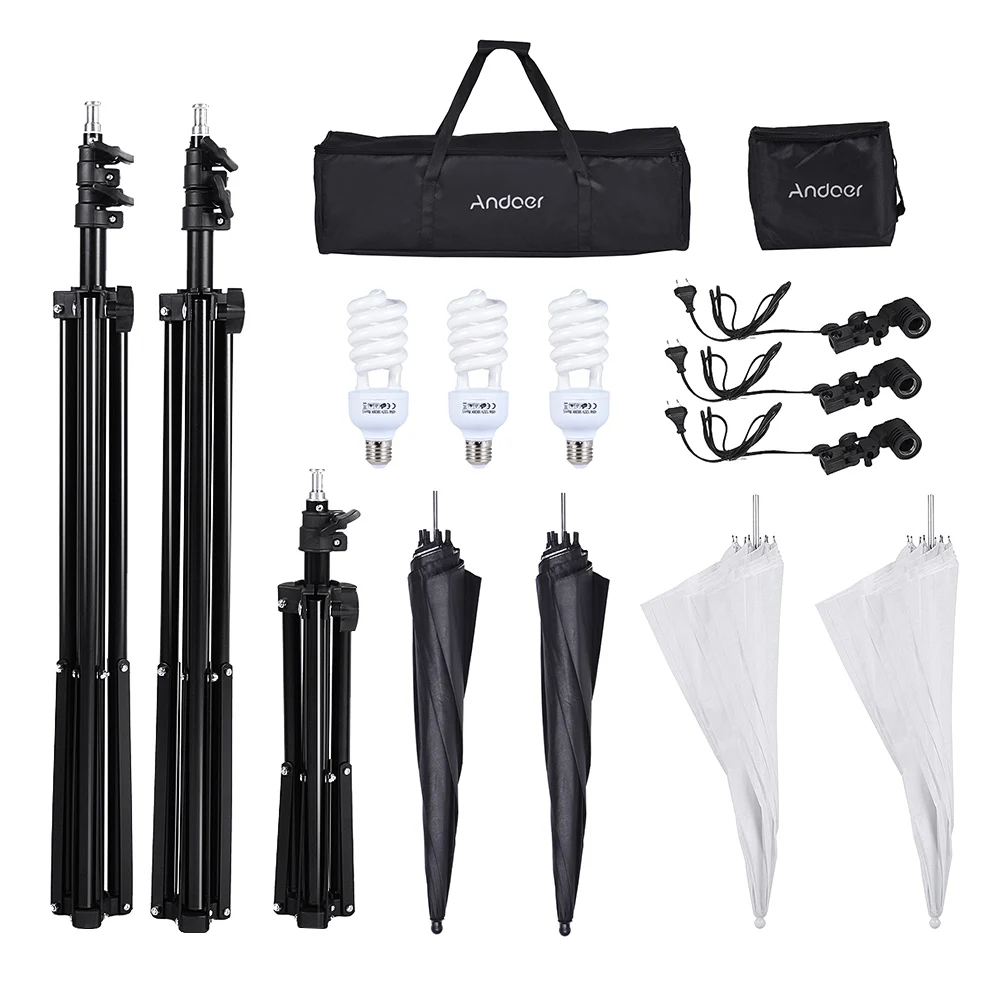Andoer Photo Studio Kit 2m/80cm Light Stand + 45W Bulb + Soft Umbrellas + Bulb Swivel Sockets w/ Bulb Storage Bag + Carrying Bag
Andoer Photo Studio Kit 2m/80cm Light Stand + 45W Bulb + Soft Umbrellas + Bulb Swivel Sockets w/ Bulb Storage Bag + Carrying Bag
