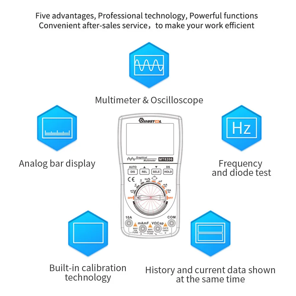 Upgraded 2 in 1 MT8206 Intelligent Digital Oscilloscope Multimeter Analog Bar Graph 200k High-speed A/D Sampling
Upgraded 2 in 1 MT8206 Intelligent Digital Oscilloscope Multimeter Analog Bar Graph 200k High-speed A/D Sampling