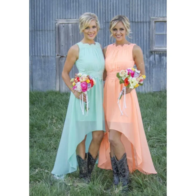 Страна Коралловые Цветные Платья Невесты Шифон Спинки Высокий Низкий Maid of Honor