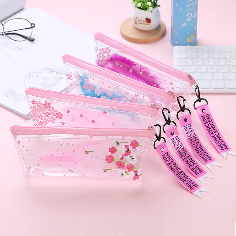 Милый розовый пенал с перьями и цветком Kawaii прозрачный школьный sakura школьные
