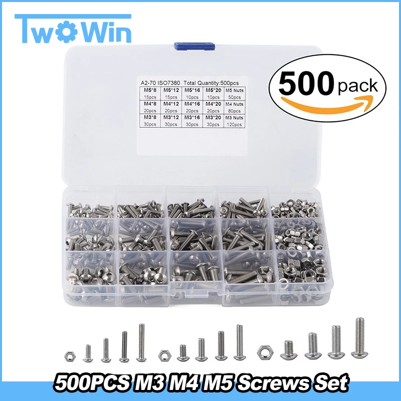 

Screw and Nut Kit, 500Pcs M3 M4 M5 Stainless Steel Button Head Hex Socket Head Cap Bolts Screws with Nuts Assortment Kit