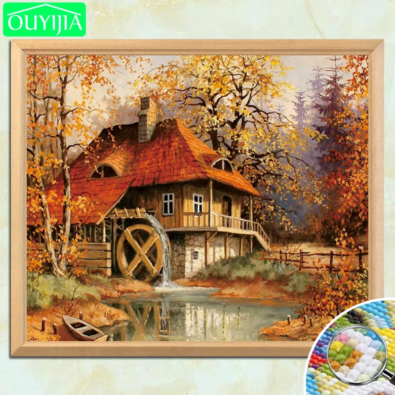 Алмазная 5d-картина OUYIJIA Stream Hut in Forest полноразмерная вышивка ручной работы для