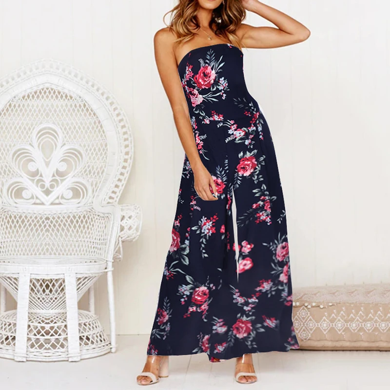 A Forever Spring Summer Women Jumpsuits Bohemian Style Backless Bandage Strapless Print Flare Wide Leg Pants Beach Rompers 1080 | Женская