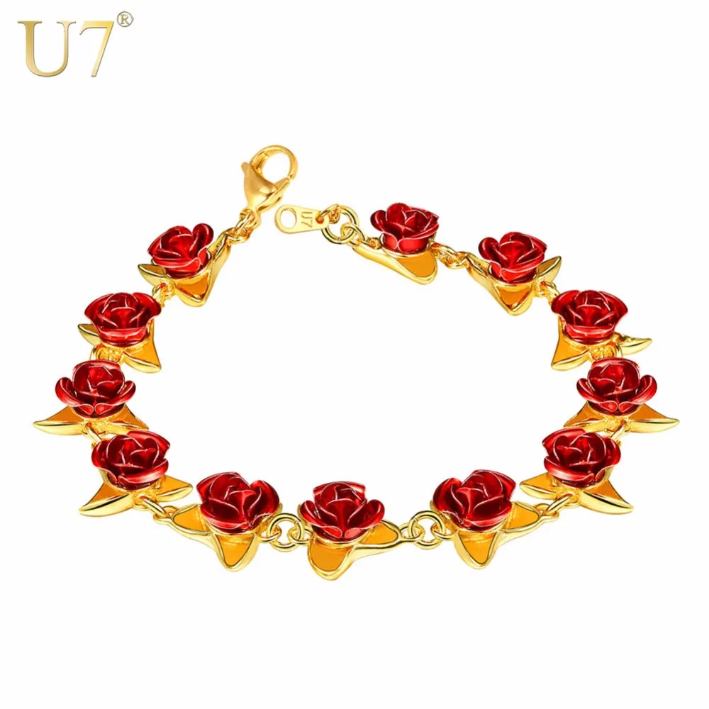 

U7 Women Girls Rose Flower Charm Bracelet Gold Plated Link Roses Jewelry Bridesmaid Lover Mother's Day Gift H1047