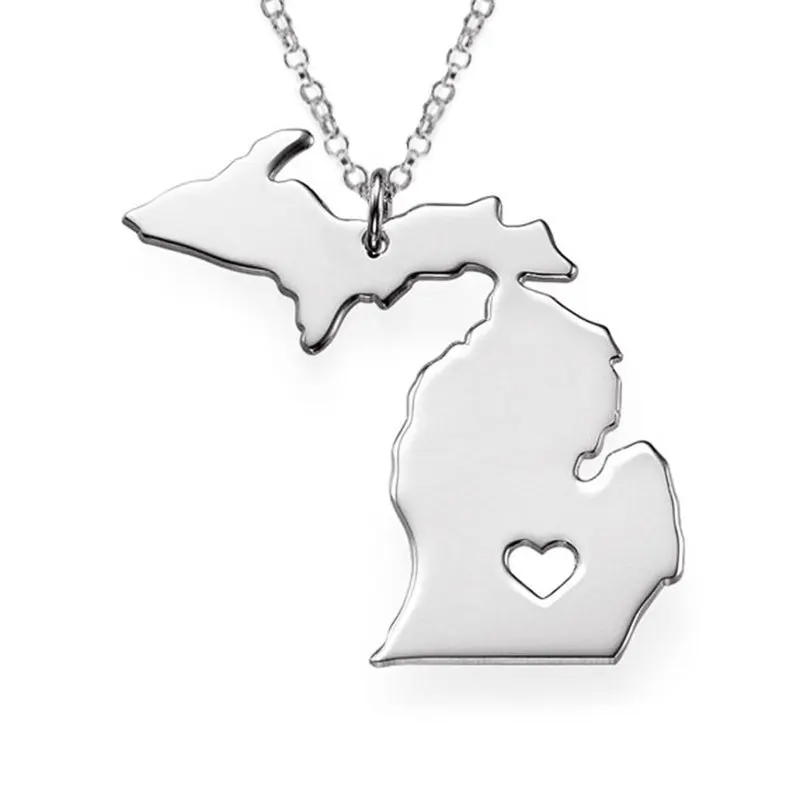 New Fashion USA State Map Pendant Necklace Michigan Love Heart Charm Stainless Steel Link Chain Women Wonderful Jewelry | Украшения и