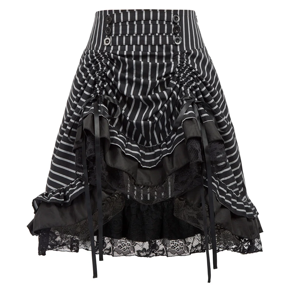 Women Striped Skirt Vintage Knee-Length Elastic Waist Bow-Knot Buttons Adjustable Ruffle Steampunk Cotton Skirt Lady Summer New
Women Striped Skirt Vintage Knee-Length Elastic Waist Bow-Knot Buttons Adjustable Ruffle Steampunk Cotton Skirt Lady Summer New