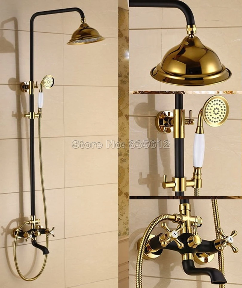 

Black Oil Rubbed Bronze & Gold Color Brass Rainfall Bathroom Rain Shower Faucet Set with Handheld Shower & Tub Mixer Taps Wrs900