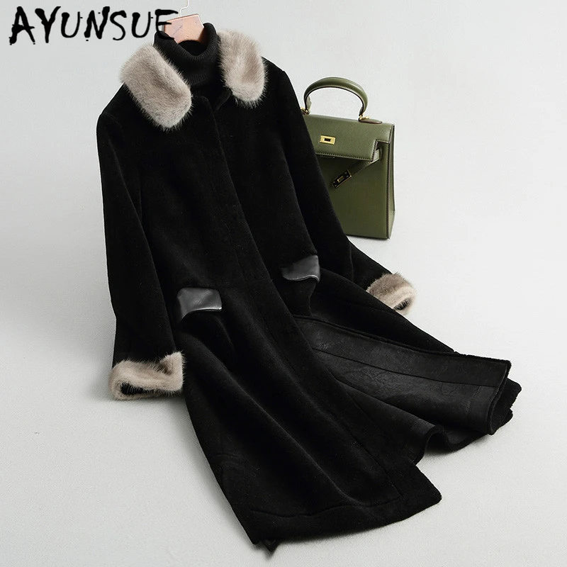 AYUNSUE Fashion Long 100% Wool Real Fur Coat Women with Mink Fur Collar Winter Warm Black Jackets Female Outerwear 68288 LW397 
AYUNSUE Fashion Long 100% Wool Real Fur Coat Women with Mink Fur Collar Winter Warm Black Jackets Female Outerwear 68288 LW397