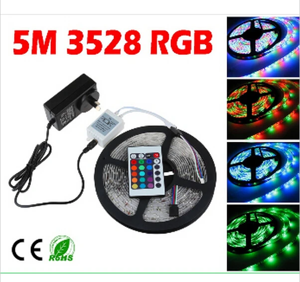 

Waterproof RGB LED Strips set 5M/300Leds 3528 SMD changing flexible light+24Key IR Remote Controller + 12V 2A Power Adapter