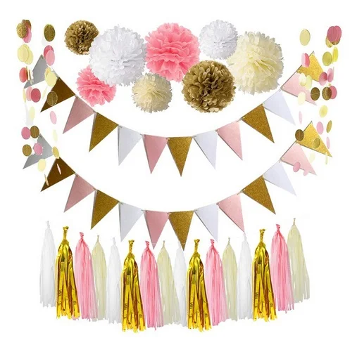Pink Gold White Theme Wedding Decoration Set,Triangle Glitter Banner, Tissue Pom Poms,Tissue Tassel, Glitter Polka Dot Garland
Pink Gold White Theme Wedding Decoration Set,Triangle Glitter Banner, Tissue Pom Poms,Tissue Tassel, Glitter Polka Dot Garland
