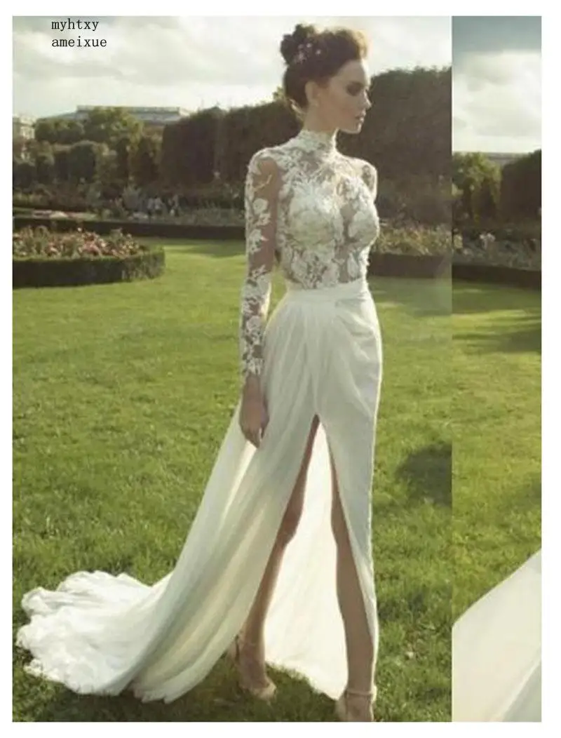 Sexy Boho Long Sleeve Wedding Dress 2020 Robe De Mariee Vintage Lace Top Side Split Bridal Dress Puffy Chiffon Wedding Dresses
Sexy Boho Long Sleeve Wedding Dress 2020 Robe De Mariee Vintage Lace Top Side Split Bridal Dress Puffy Chiffon Wedding Dresses