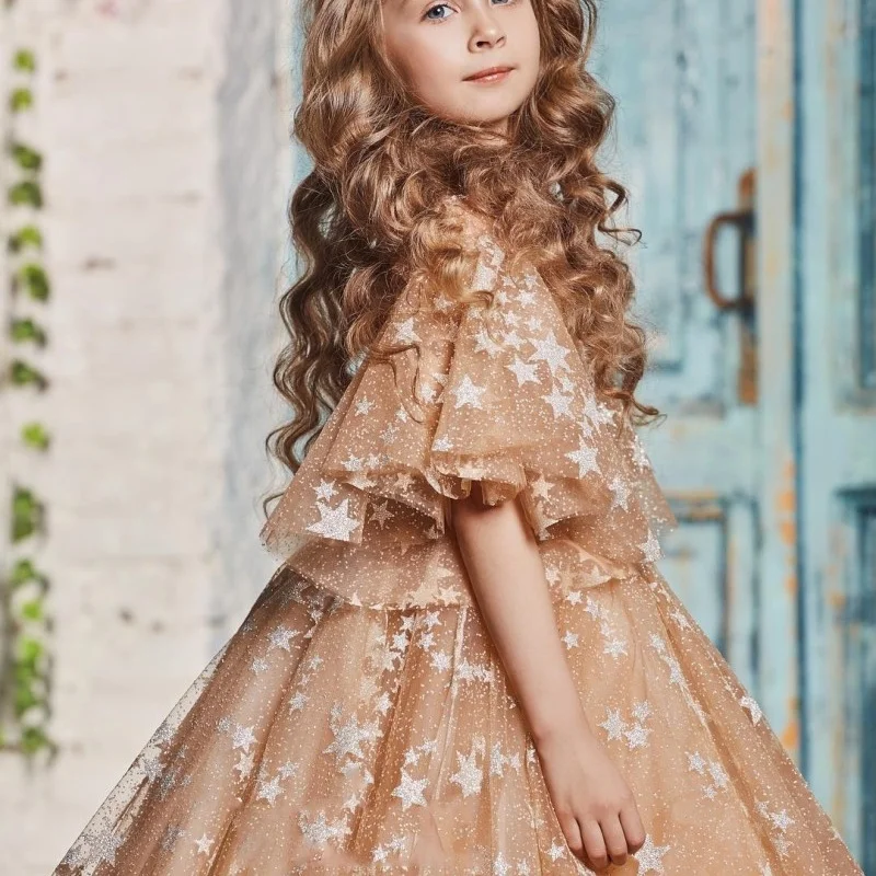 Блестящие золотые блестящие платья для девочек с цветами и бусинами тюлевые