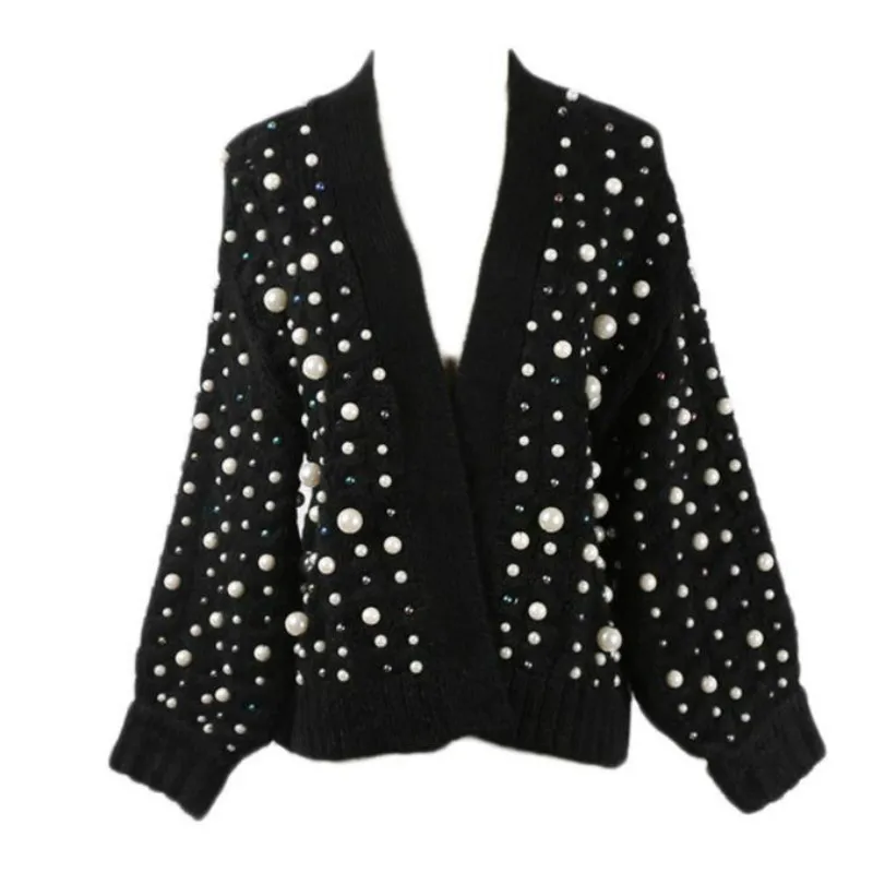 

Luxury Handmade beaded Jacket V-Neck Knitted Cardigan Pearls Sweater Coat Crochet Beading Open Stitch 2018 Tops