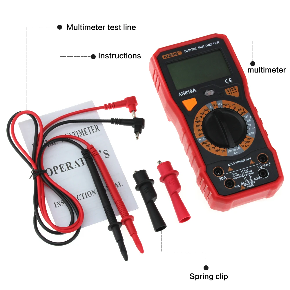AN819A Digital Multimeter AC/DC Voltage Ammeter Capacitance Resistance Triode Tester Current Power Meter Test + Crocodile Clips
AN819A Digital Multimeter AC/DC Voltage Ammeter Capacitance Resistance Triode Tester Current Power Meter Test + Crocodile Clips