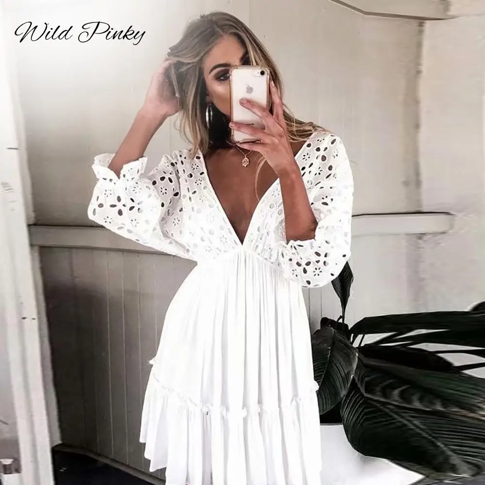 WildPinky Elegant V neck Embroidery Women Dress Ruffle Pleated Lace Up Summer Dresses Casual Sexy Hollow Out Dress Vestido Festa
WildPinky Elegant V neck Embroidery Women Dress Ruffle Pleated Lace Up Summer Dresses Casual Sexy Hollow Out Dress Vestido Festa