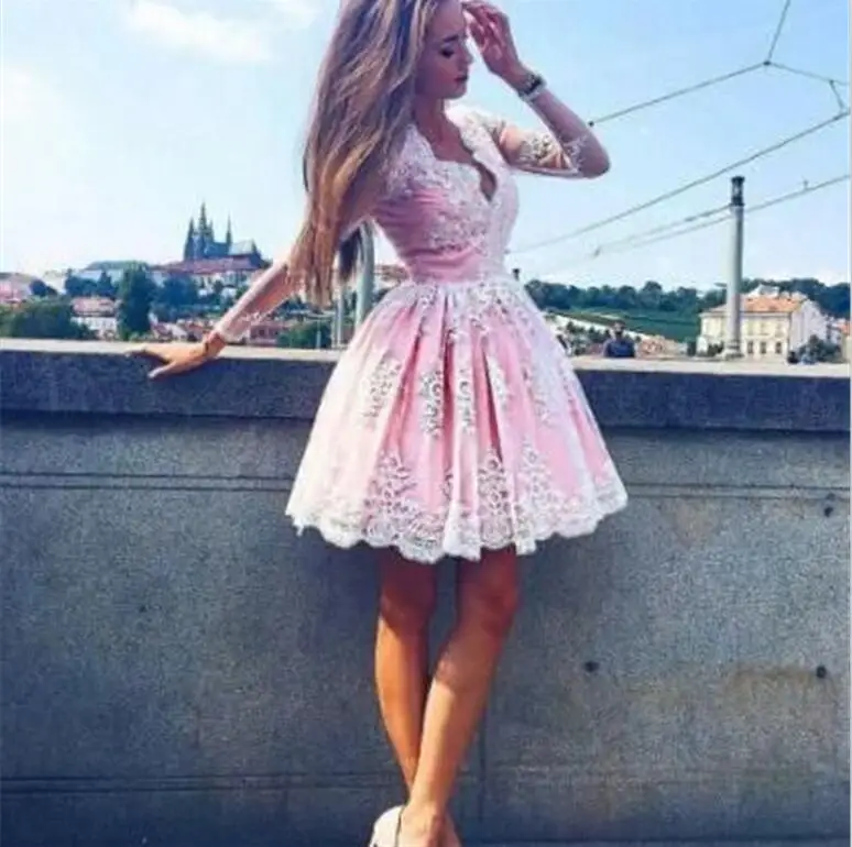 Pink Lace Homecoming Dresses A-line V-neck Long Sleeves Short Mini Lace Appliques Elegant Cocktail Dresses
Pink Lace Homecoming Dresses A-line V-neck Long Sleeves Short Mini Lace Appliques Elegant Cocktail Dresses