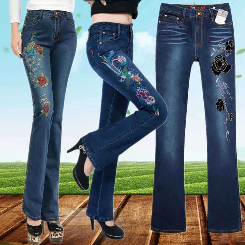 Autumn and winter trend women's national embroidery flower bell-bottom jeans plus size slim trousers elastic
Autumn and winter trend women's national embroidery flower bell-bottom jeans plus size slim trousers elastic