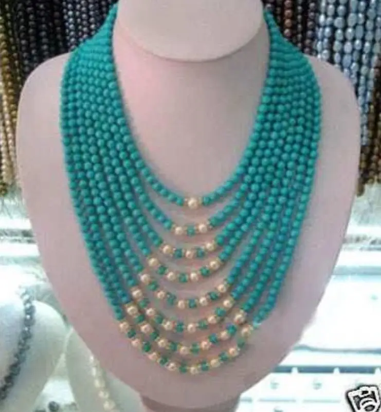 Красивый 8 ряд 6 мм синий бисер белый жемчужное ожерелье АА|pearl necklace|white pearl