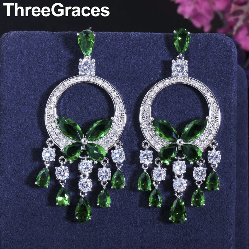 Фото Серьги с кристаллами ThreeGraces блестящие зеленые кубическим цирконием круглые