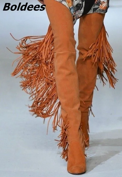 

Designer Women Chic Brown Fringe Block Heels Thigh High Boots Cheap Round Toe Chunky Heel Tassel Fashion Long Boots