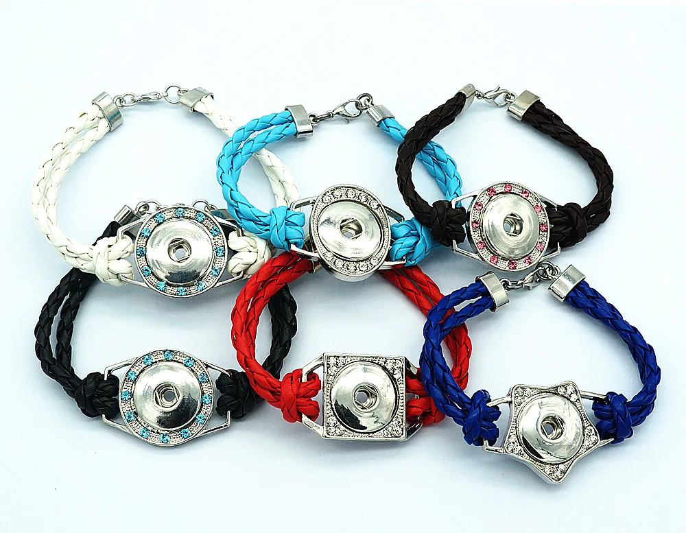 

Fashion 10pcs mixed colorful Crystal leather snap bracelets 18cm random colors fit 18mm snap buttons wholesale SE0154