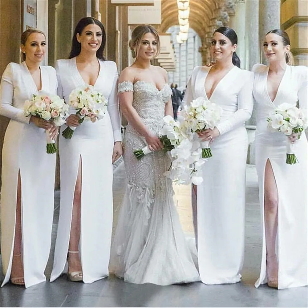 White Satin Bridesmaid Dresses V Neck Sheath Style High Split Long Sleeve Wedding Guest Dress 2019 High Quality Women Gown Cheap
White Satin Bridesmaid Dresses V Neck Sheath Style High Split Long Sleeve Wedding Guest Dress 2019 High Quality Women Gown Cheap
