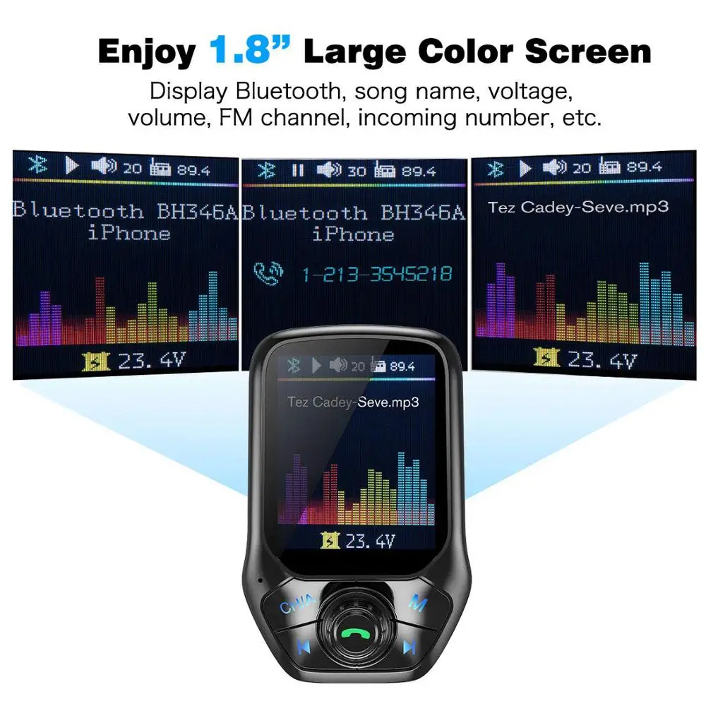 1.8" TFT Display Bluetooth 4.2 FM Transmitter Radio Adapter Car Receiver Handsfree Calling 3 USB Port with QC3.0 Fast Charge
1.8" TFT Display Bluetooth 4.2 FM Transmitter Radio Adapter Car Receiver Handsfree Calling 3 USB Port with QC3.0 Fast Charge