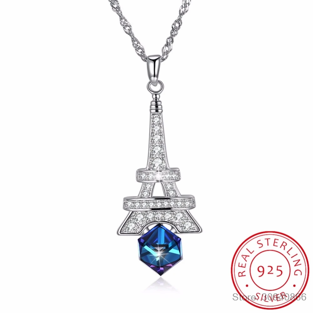 

LEKANI Crystals Tower Pendants Necklaces Chic S925 Silver Chain Collars For Women 2018 New Fine Jewelry Gifts