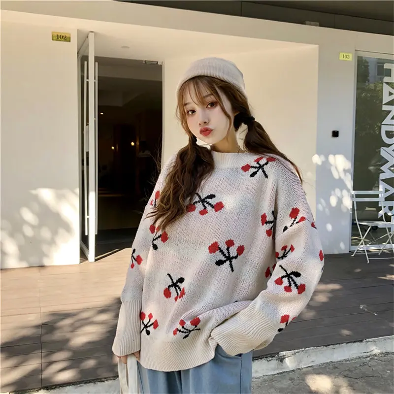 Alien Kitty Fashion Autumn Winter Sweater Women O-Neck Pullovers Knitted High Quality Embroidery Sweet Simple Cherry 3 Colors | Женская